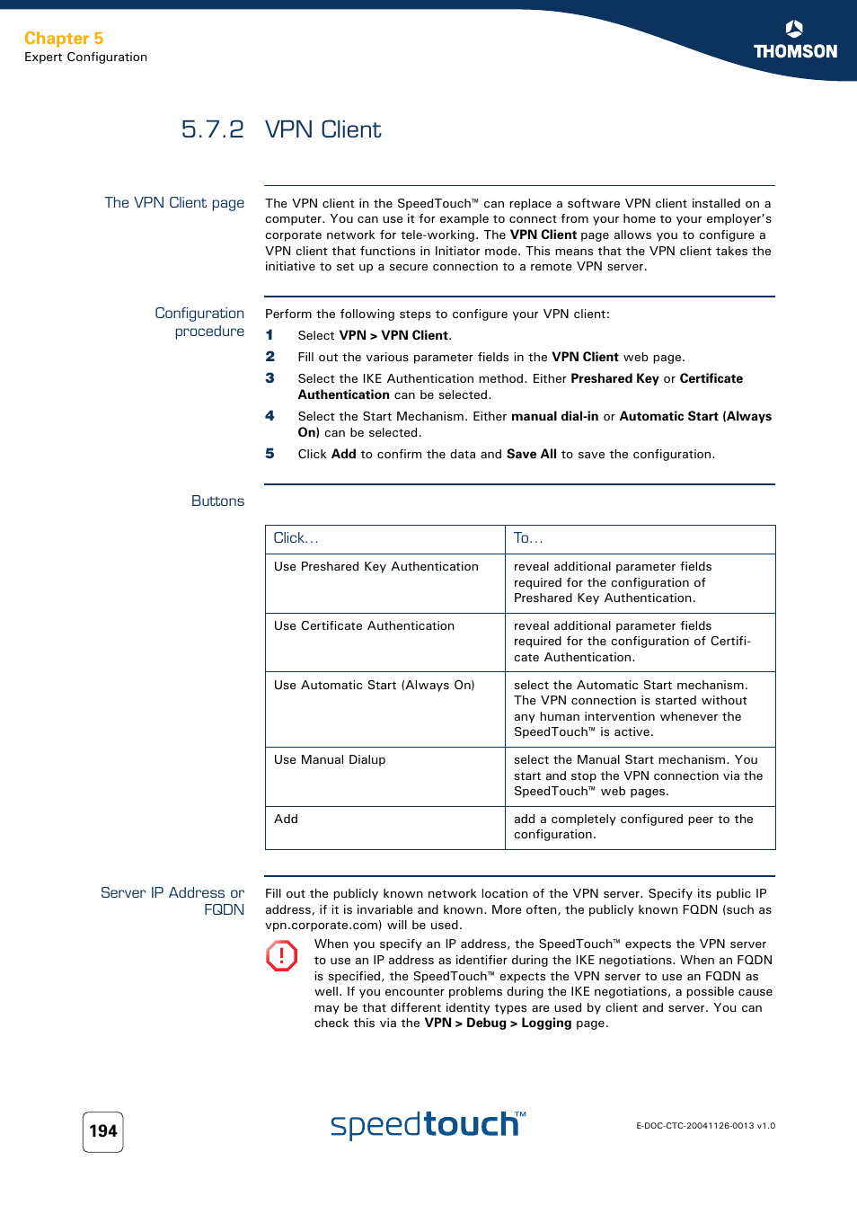 2 vpn client, Configuration procedure, Buttons | Server ip address or fqdn, Vpn client, Chapter 5 | RCA 608WL User Manual | Page 196 / 228