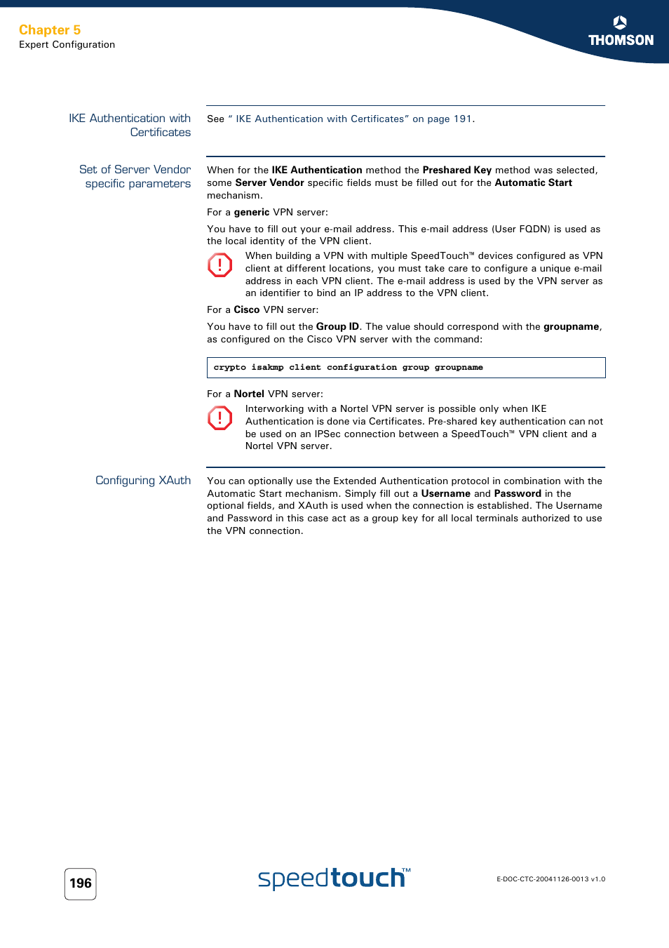 Ike authentication with certificates, Set of server vendor specific parameters, Configuring xauth | Set of, Chapter 5 | RCA 608WL User Manual | Page 198 / 228