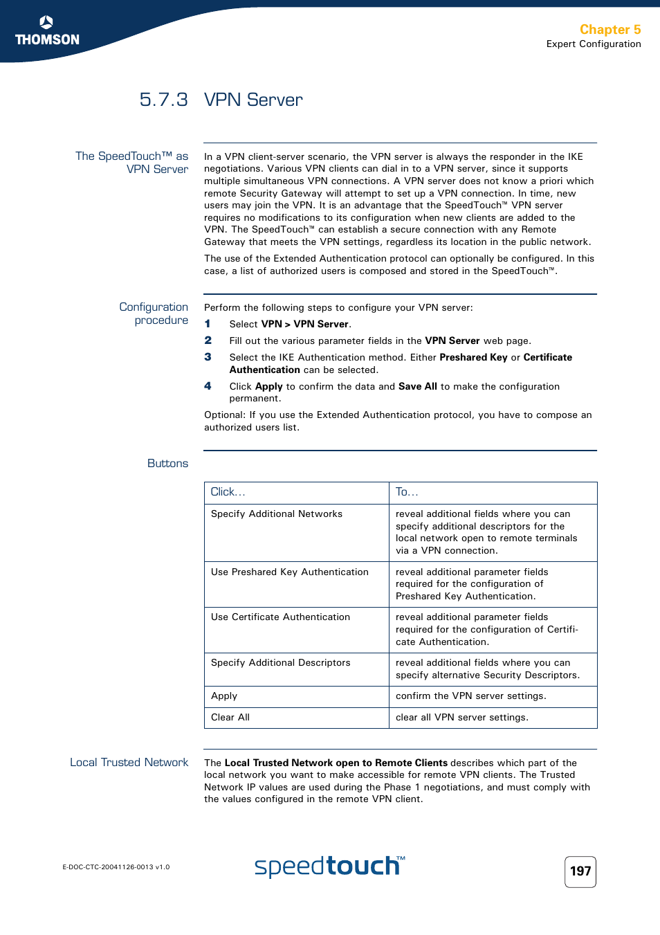 3 vpn server, The speedtouch™ as vpn server, Configuration procedure | Buttons, Local trusted network, Vpn server, Chapter 5 | RCA 608WL User Manual | Page 199 / 228