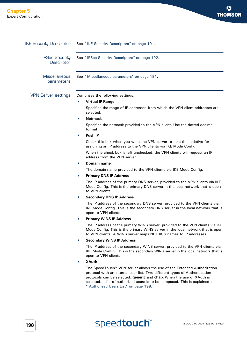 Ike security descriptor, Ipsec security descriptor, Miscellaneous parameters | Vpn server settings, Chapter 5 | RCA 608WL User Manual | Page 200 / 228