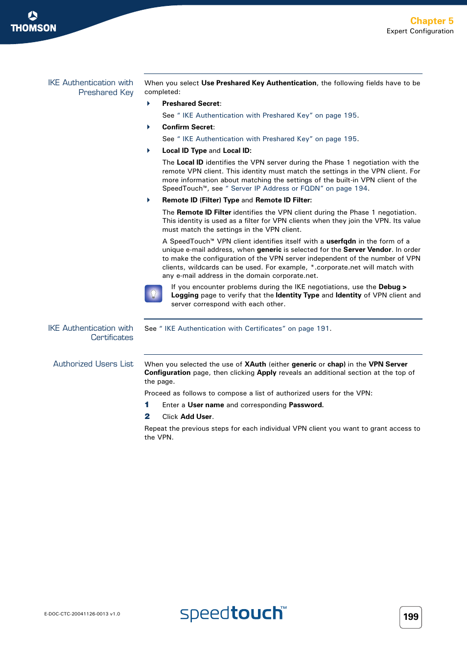 Ike authentication with preshared key, Ike authentication with certificates, Authorized users list | Chapter 5 | RCA 608WL User Manual | Page 201 / 228
