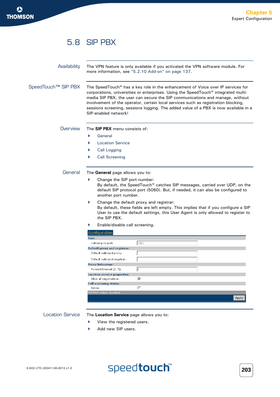 8 sip pbx, Availability, Speedtouch™ sip pbx | Overview, General, Location service, Sip pbx, Chapter 5 | RCA 608WL User Manual | Page 205 / 228