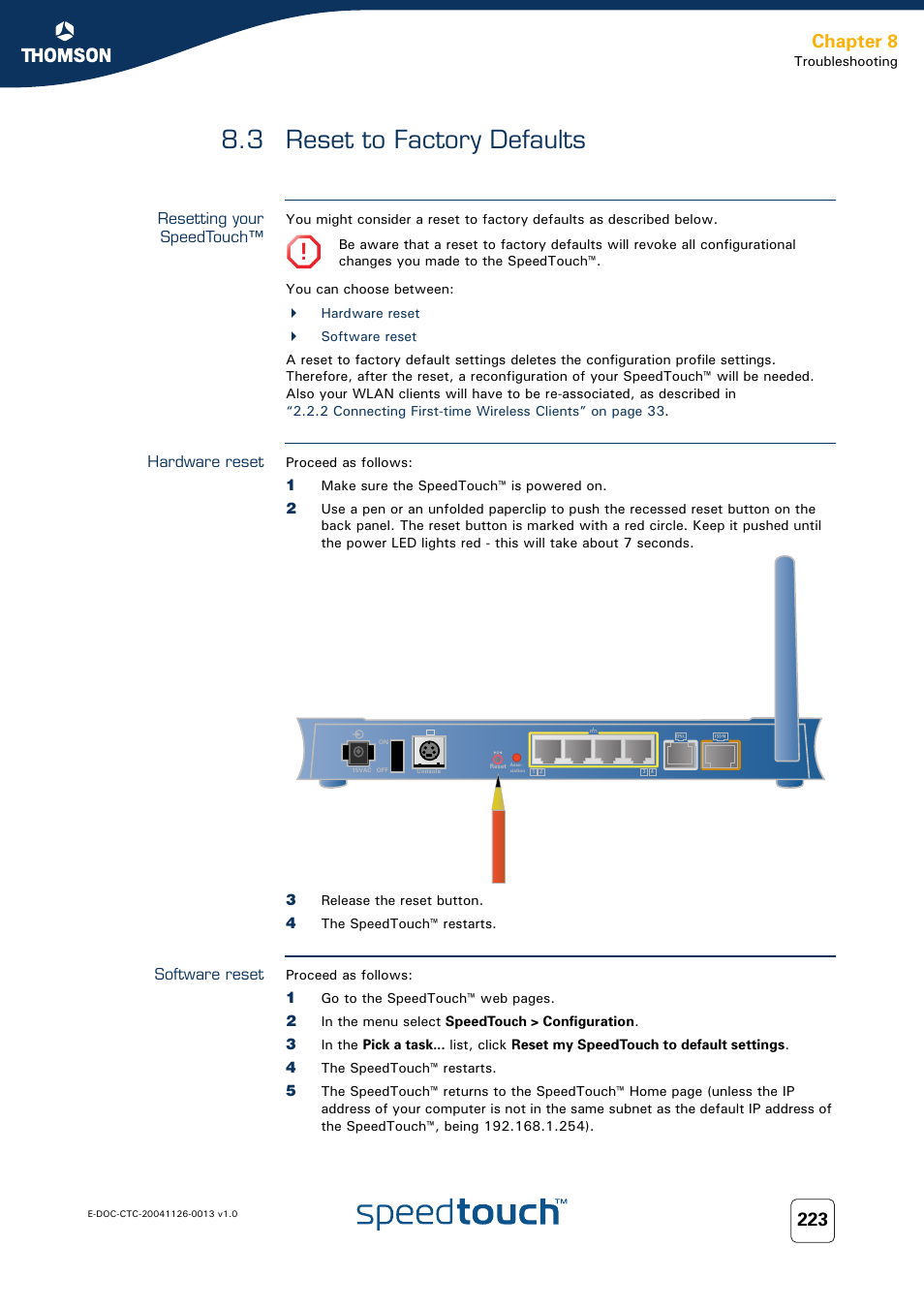 3 reset to factory defaults, Resetting your speedtouch, Hardware reset | Software reset, Reset to factory defaults, 3 reset, 3 reset to factory, Chapter 8 | RCA 608WL User Manual | Page 225 / 228