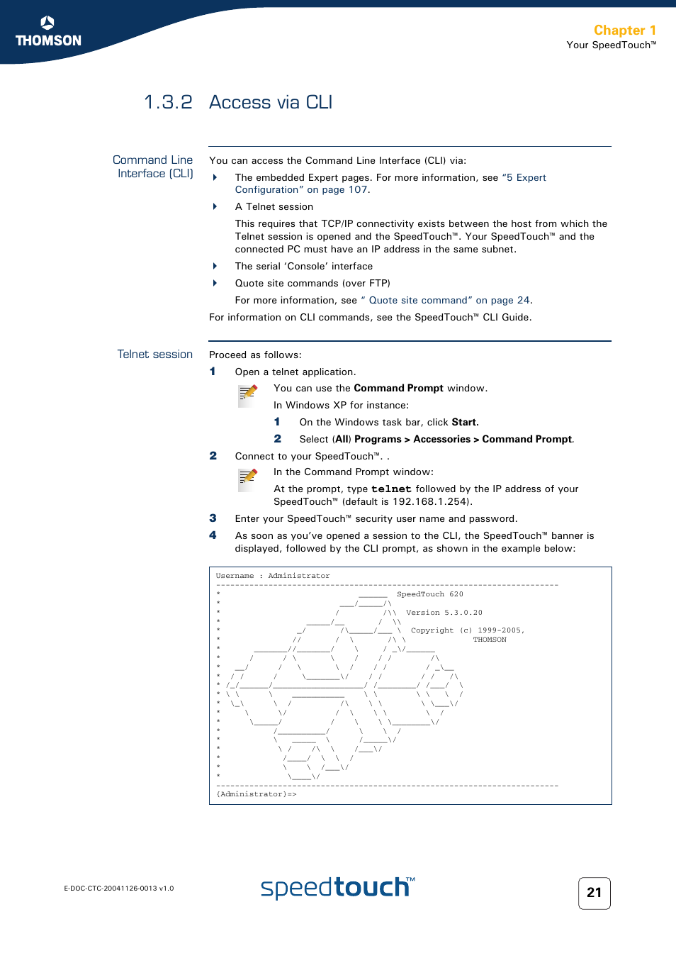 2 access via cli, Command line interface (cli), Telnet session | Access via cli, For more information, see, 2 access via, Chapter 1 | RCA 608WL User Manual | Page 23 / 228