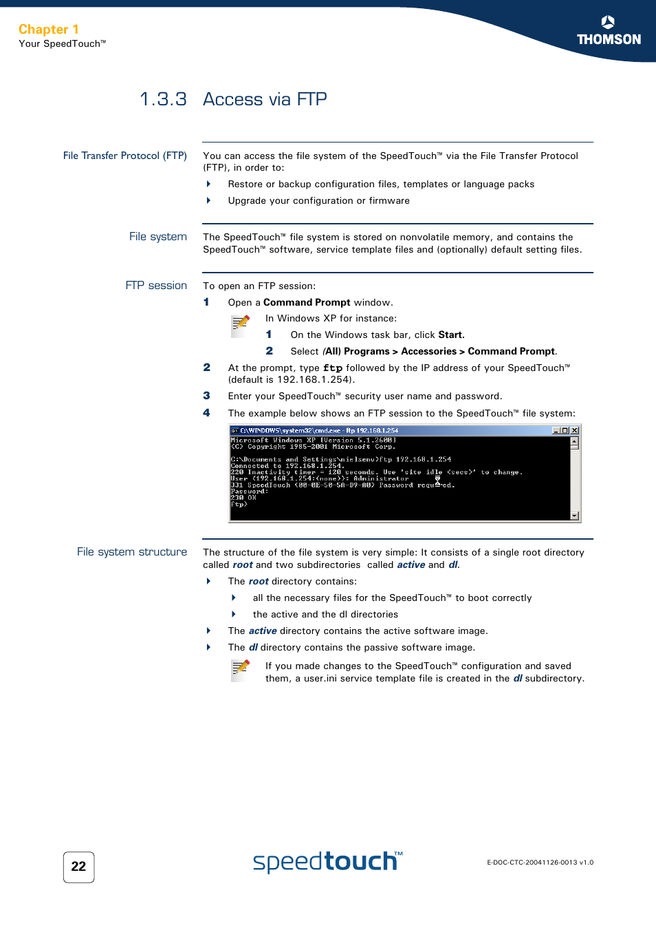 3 access via ftp, File transfer protocol (ftp), File system | Ftp session, File system structure, Access via ftp, For more information, see, 3 access via, Chapter 1 | RCA 608WL User Manual | Page 24 / 228