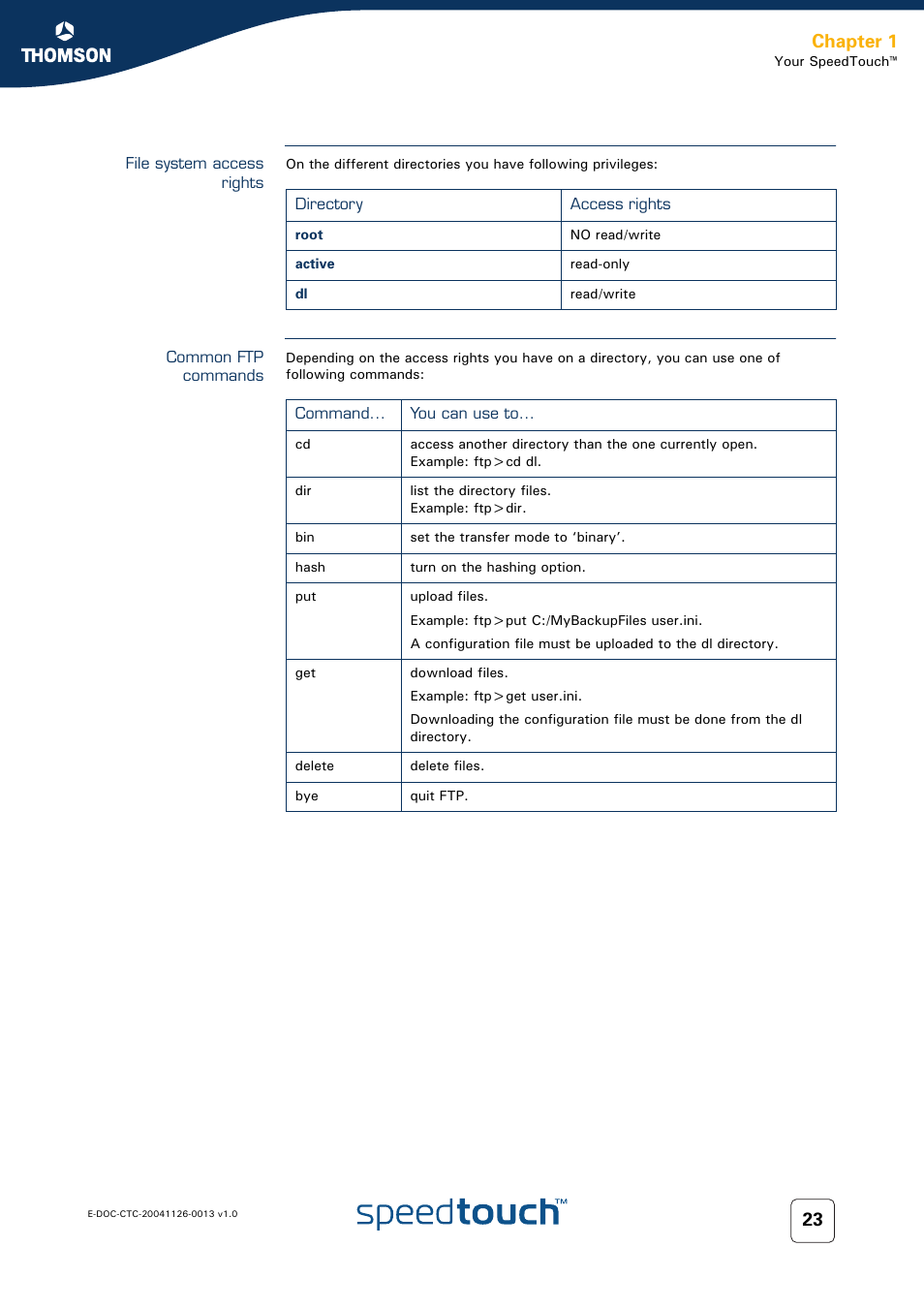 File system access rights, Common ftp commands, Chapter 1 | RCA 608WL User Manual | Page 25 / 228