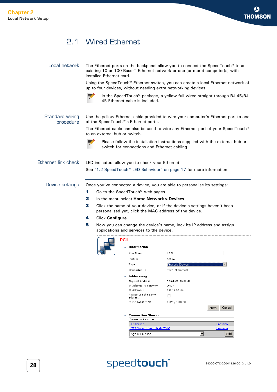 1 wired ethernet, Local network, Standard wiring procedure | Ethernet link check, Device settings, Wired ethernet, Chapter 2 | RCA 608WL User Manual | Page 30 / 228