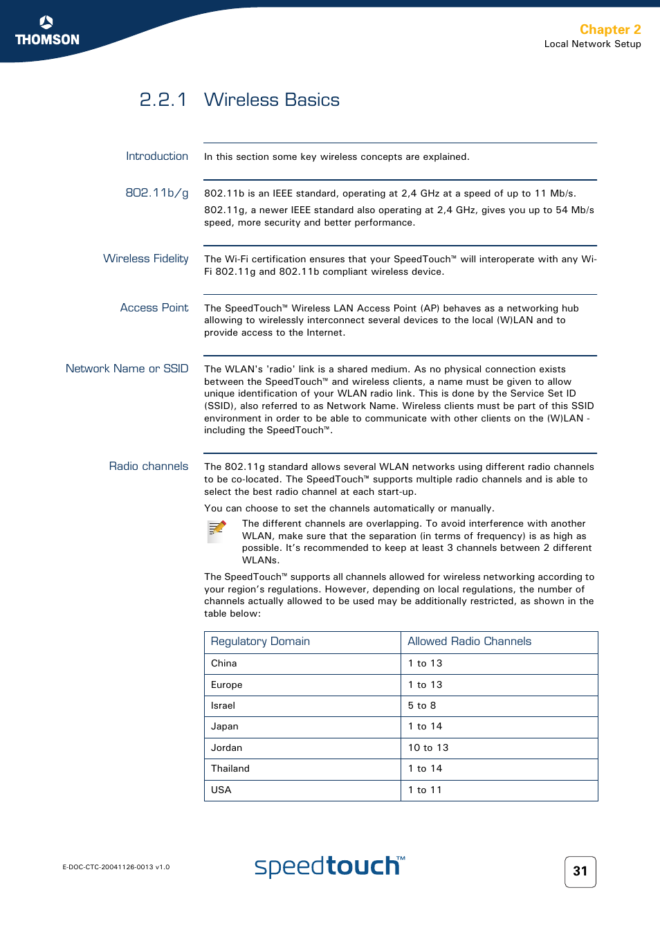 1 wireless basics, Introduction, 11b/g | Wireless fidelity, Access point, Network name or ssid, Radio channels, Wireless basics, Chapter 2 | RCA 608WL User Manual | Page 33 / 228