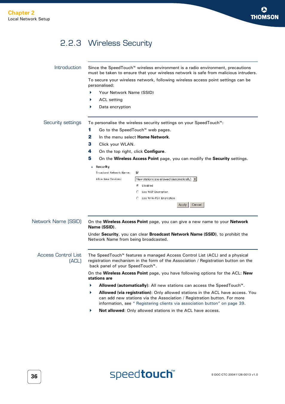3 wireless security, Introduction, Security settings | Network name (ssid), Access control list (acl), Wireless security, Chapter 2 | RCA 608WL User Manual | Page 38 / 228