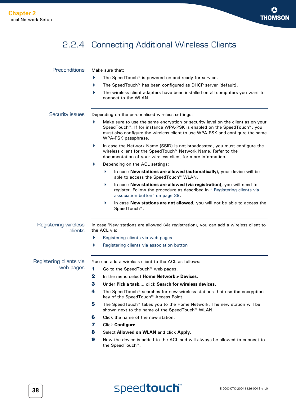 4 connecting additional wireless clients, Preconditions, Security issues | Registering wireless clients, Connecting additional wireless clients, Chapter 2 | RCA 608WL User Manual | Page 40 / 228