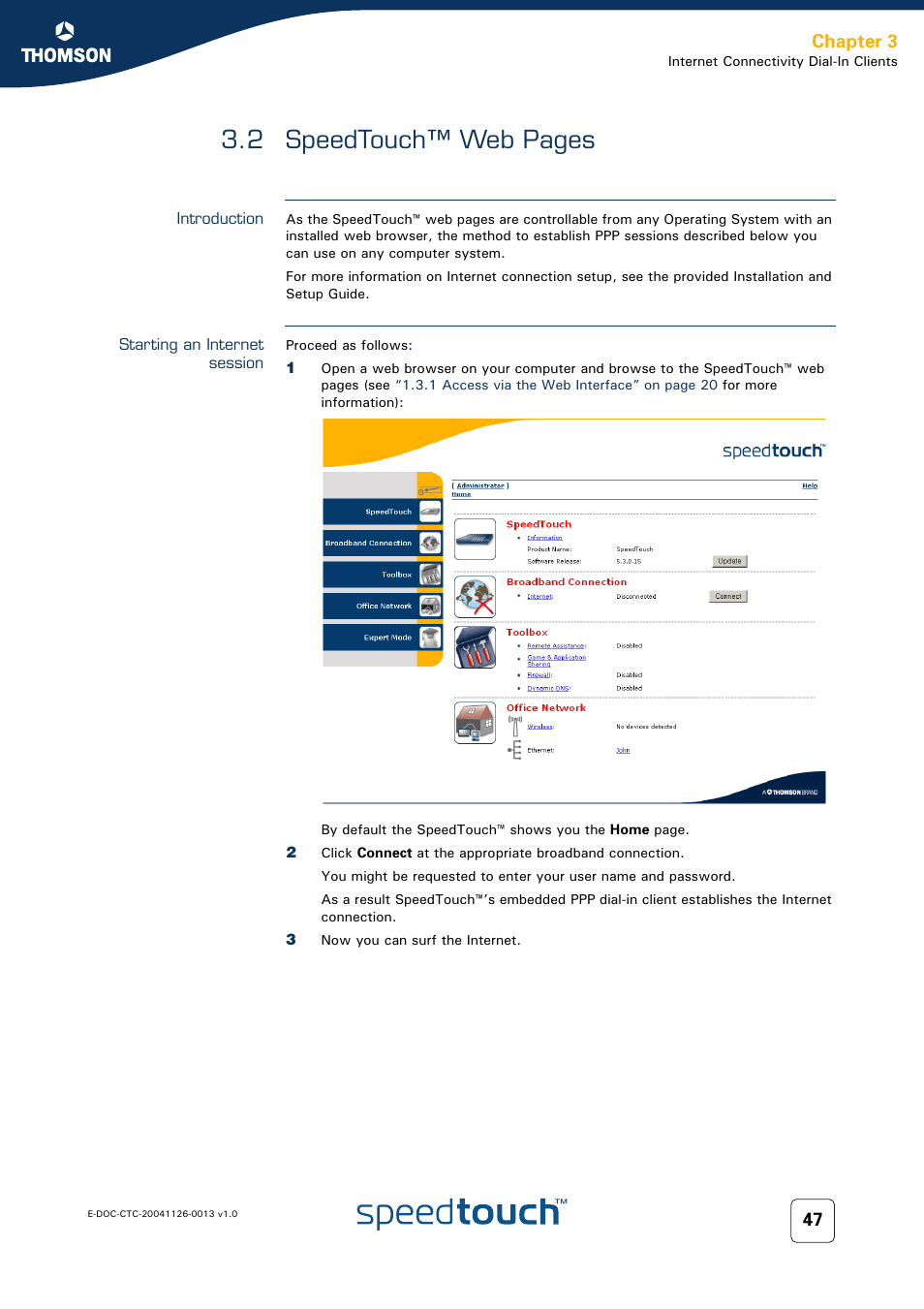 Introduction, Starting an internet session, To proceed | 2 speedtouch™ web pages, Chapter 3 | RCA 608WL User Manual | Page 49 / 228