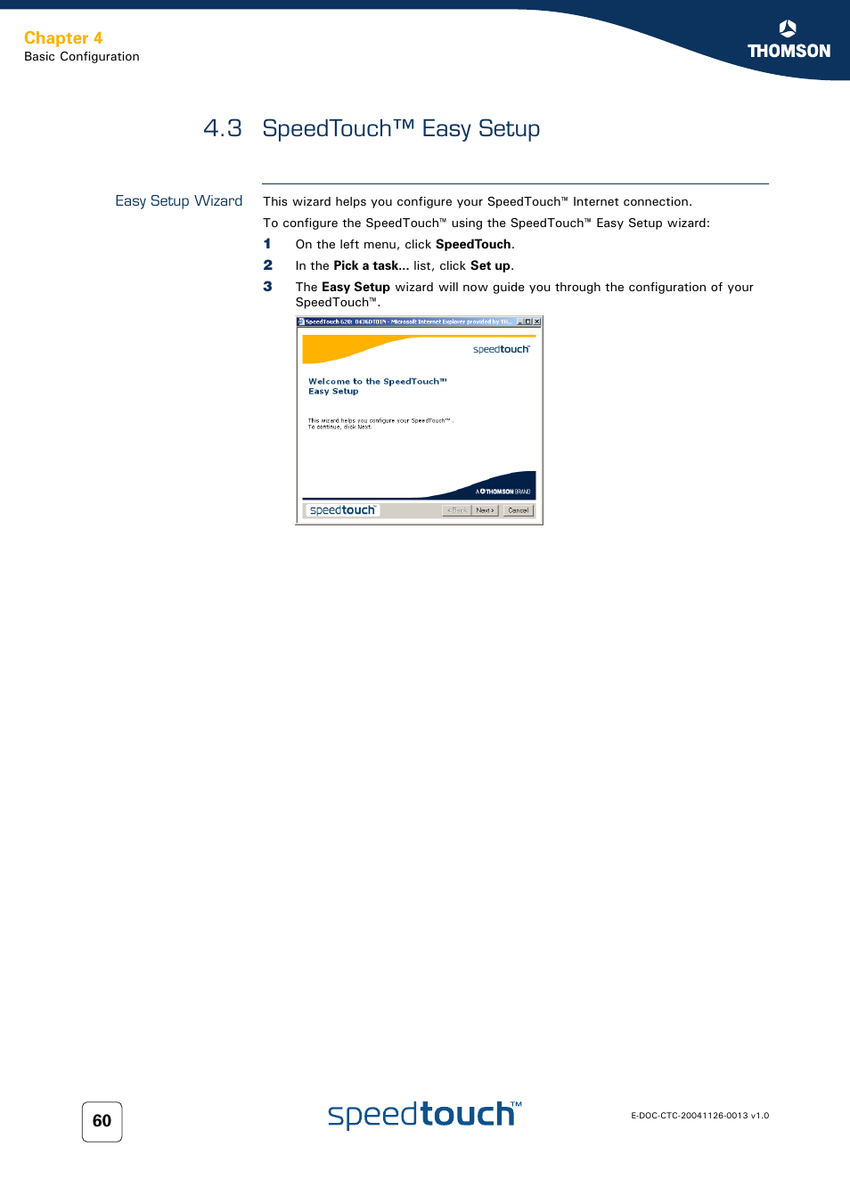 3 speedtouch™ easy setup, Easy setup wizard, Speedtouch™ easy setup | Chapter 4 | RCA 608WL User Manual | Page 62 / 228