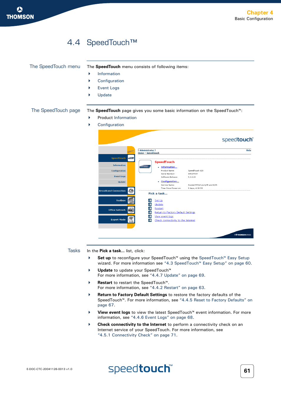 4 speedtouch, The speedtouch menu, Tasks | Speedtouch, Chapter 4 | RCA 608WL User Manual | Page 63 / 228