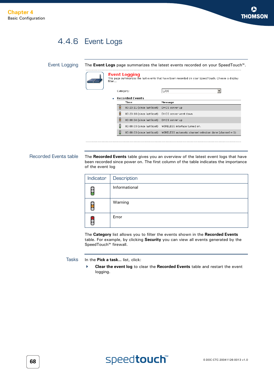 6 event logs, Event logging, Recorded events table | Tasks, Event logs, Rmation, see, Chapter 4 | RCA 608WL User Manual | Page 70 / 228