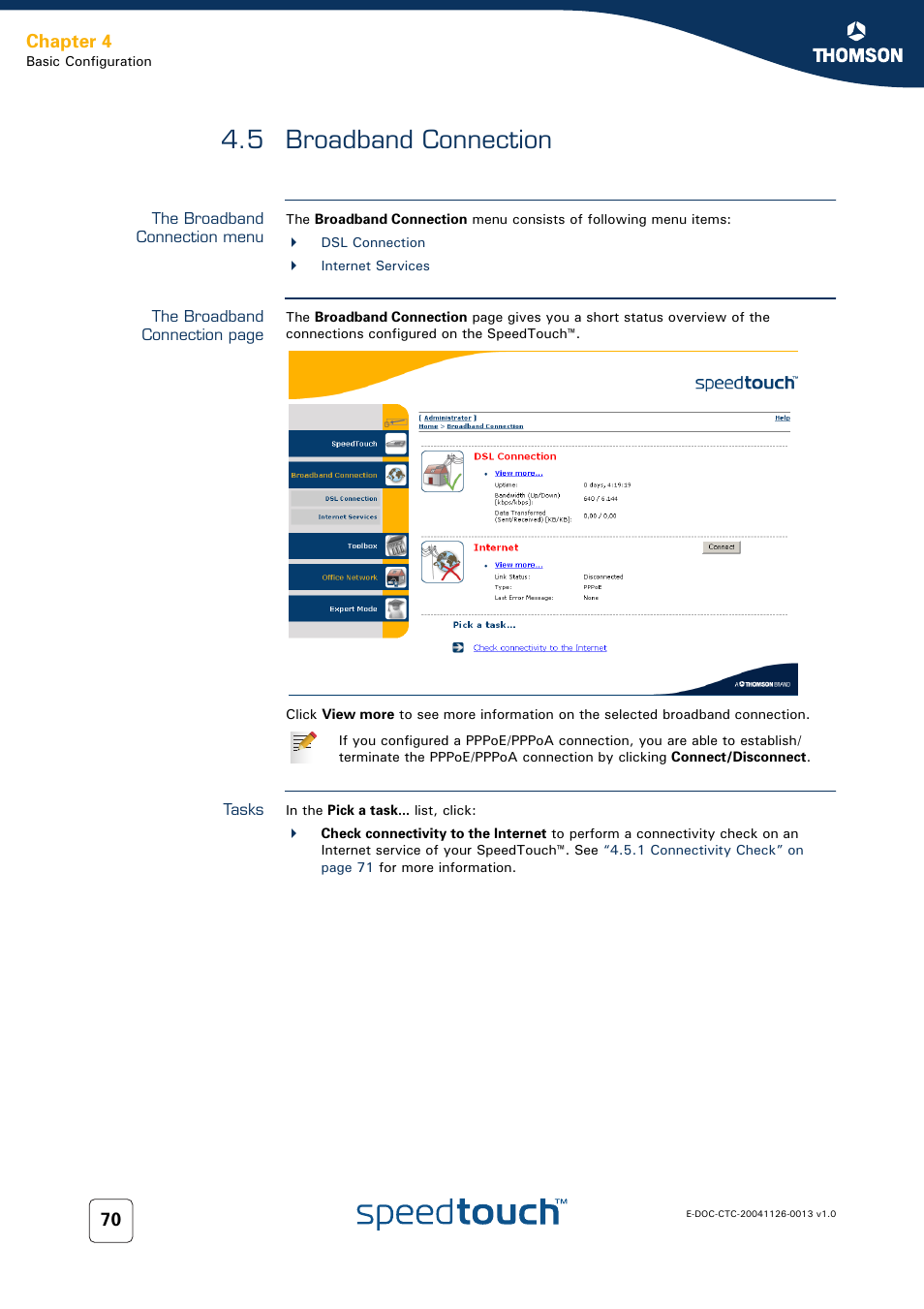 5 broadband connection, The broadband connection menu, Tasks | Broadband connection, Chapter 4 | RCA 608WL User Manual | Page 72 / 228
