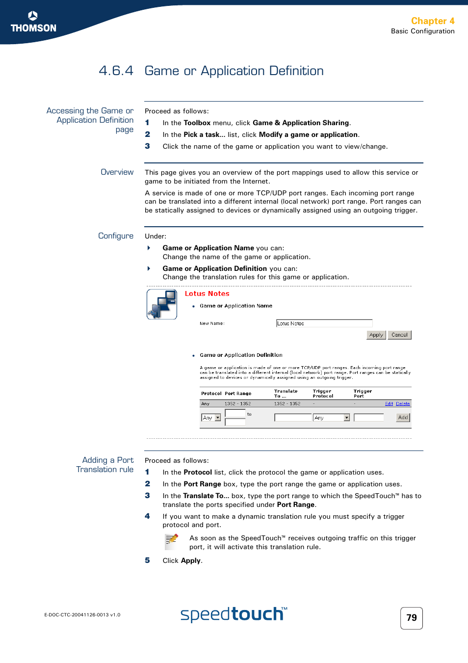 4 game or application definition, Overview, Configure | Adding a port translation rule, Game or application definition, Chapter 4 | RCA 608WL User Manual | Page 81 / 228