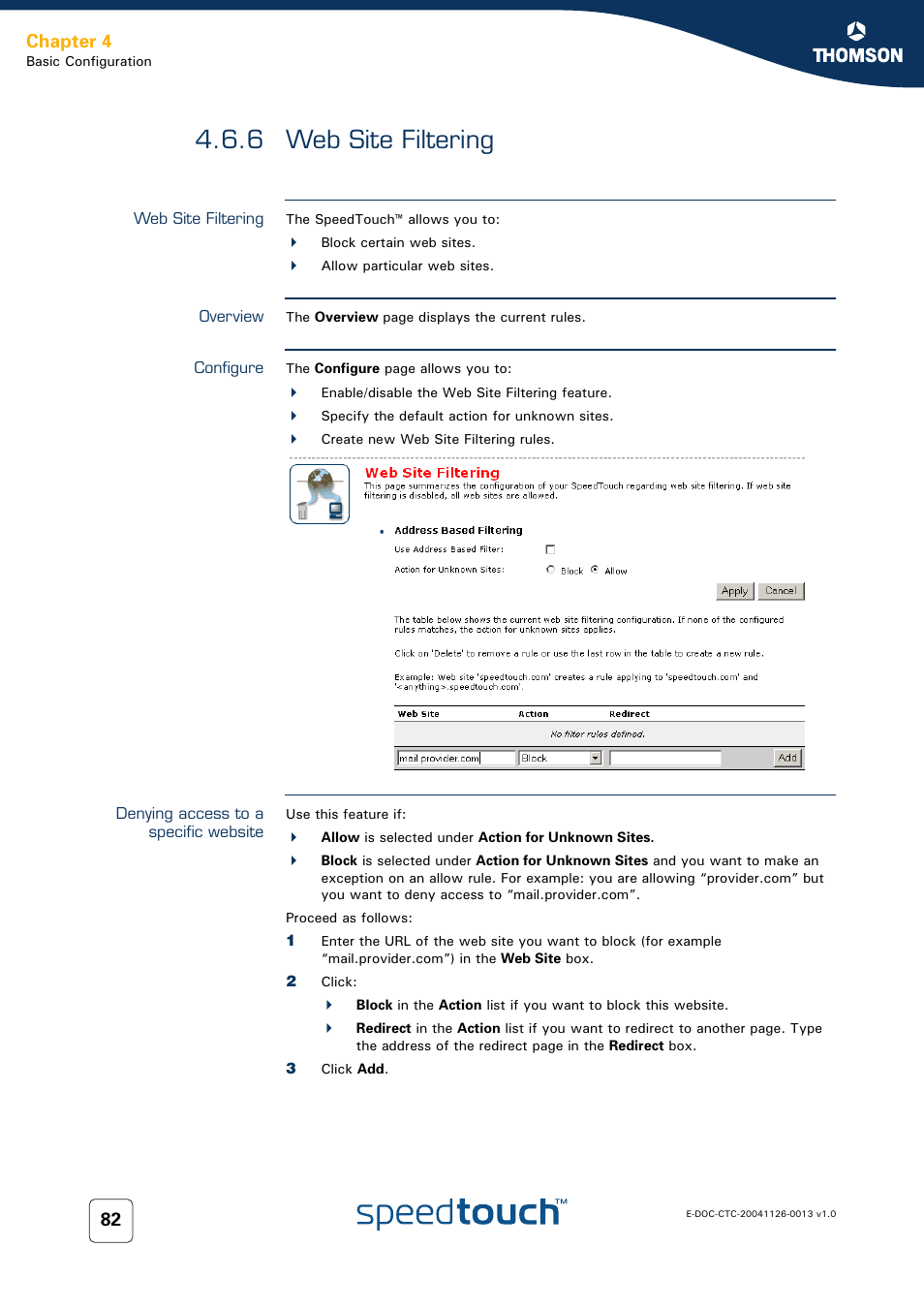 6 web site filtering, Web site filtering, Overview | Configure, Denying access to a specific website, Site filtering, Chapter 4 | RCA 608WL User Manual | Page 84 / 228