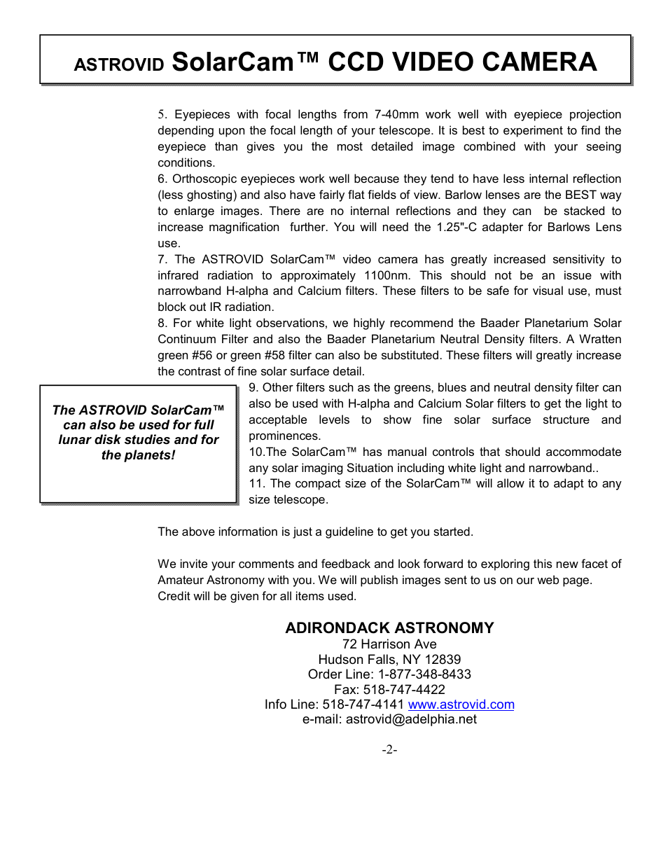 Solarcam™ ccd video camera, Astrovid | RCA SOLAM VIDEO CAMERA User Manual | Page 2 / 6