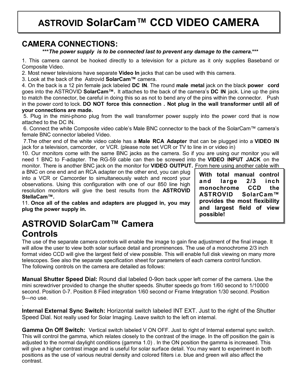 Solarcam™ ccd video camera, Astrovid, Astrovid solarcam™ camera controls | Camera connections | RCA SOLAM VIDEO CAMERA User Manual | Page 3 / 6