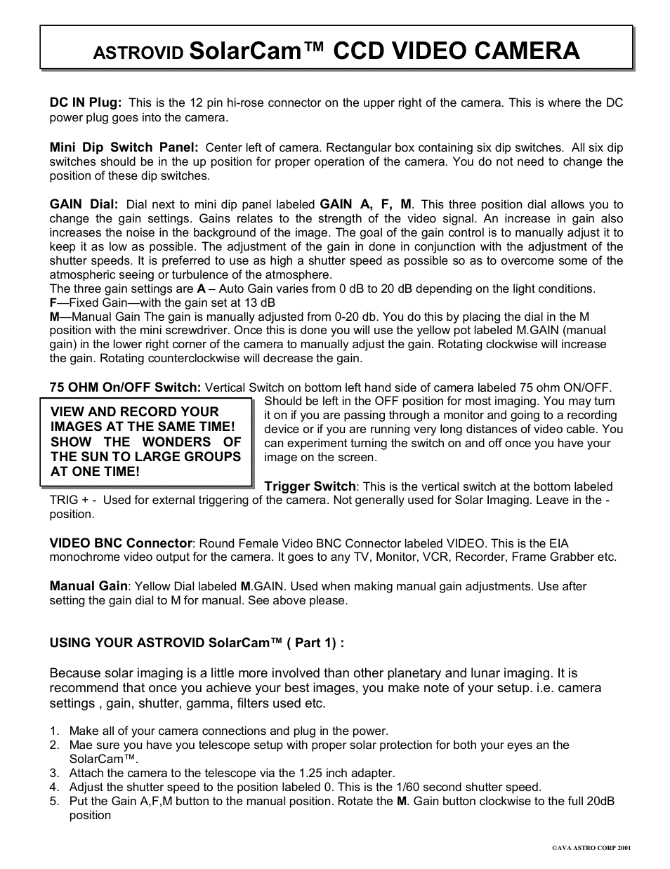 Solarcam™ ccd video camera, Astrovid | RCA SOLAM VIDEO CAMERA User Manual | Page 4 / 6