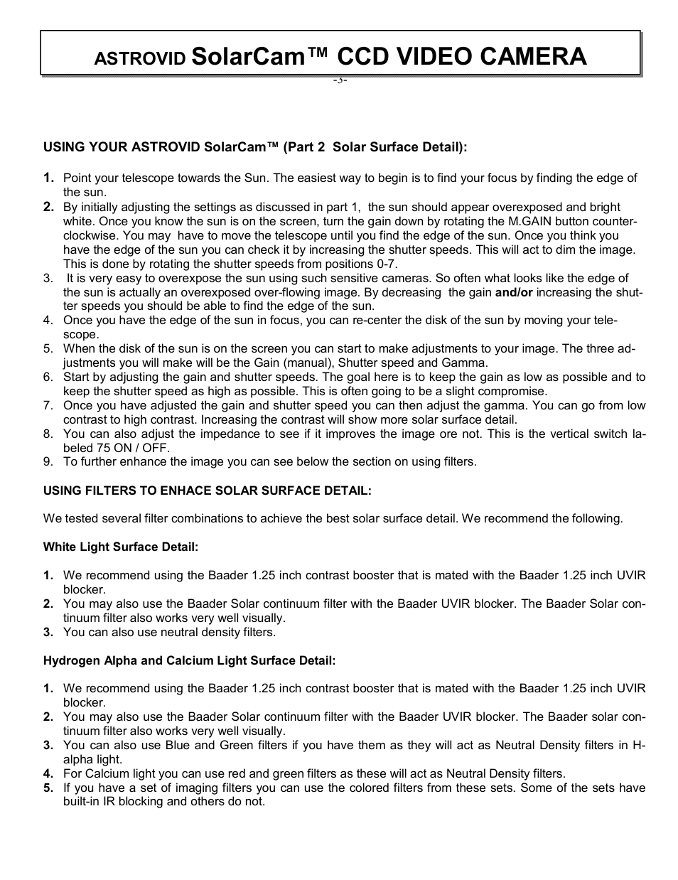 Solarcam™ ccd video camera, Astrovid | RCA SOLAM VIDEO CAMERA User Manual | Page 5 / 6