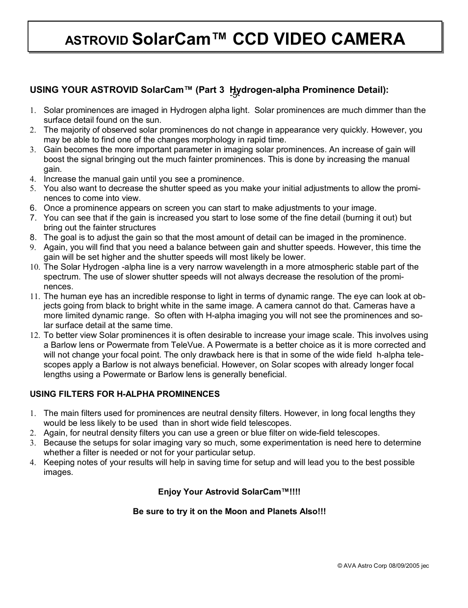 Solarcam™ ccd video camera, Astrovid | RCA SOLAM VIDEO CAMERA User Manual | Page 6 / 6