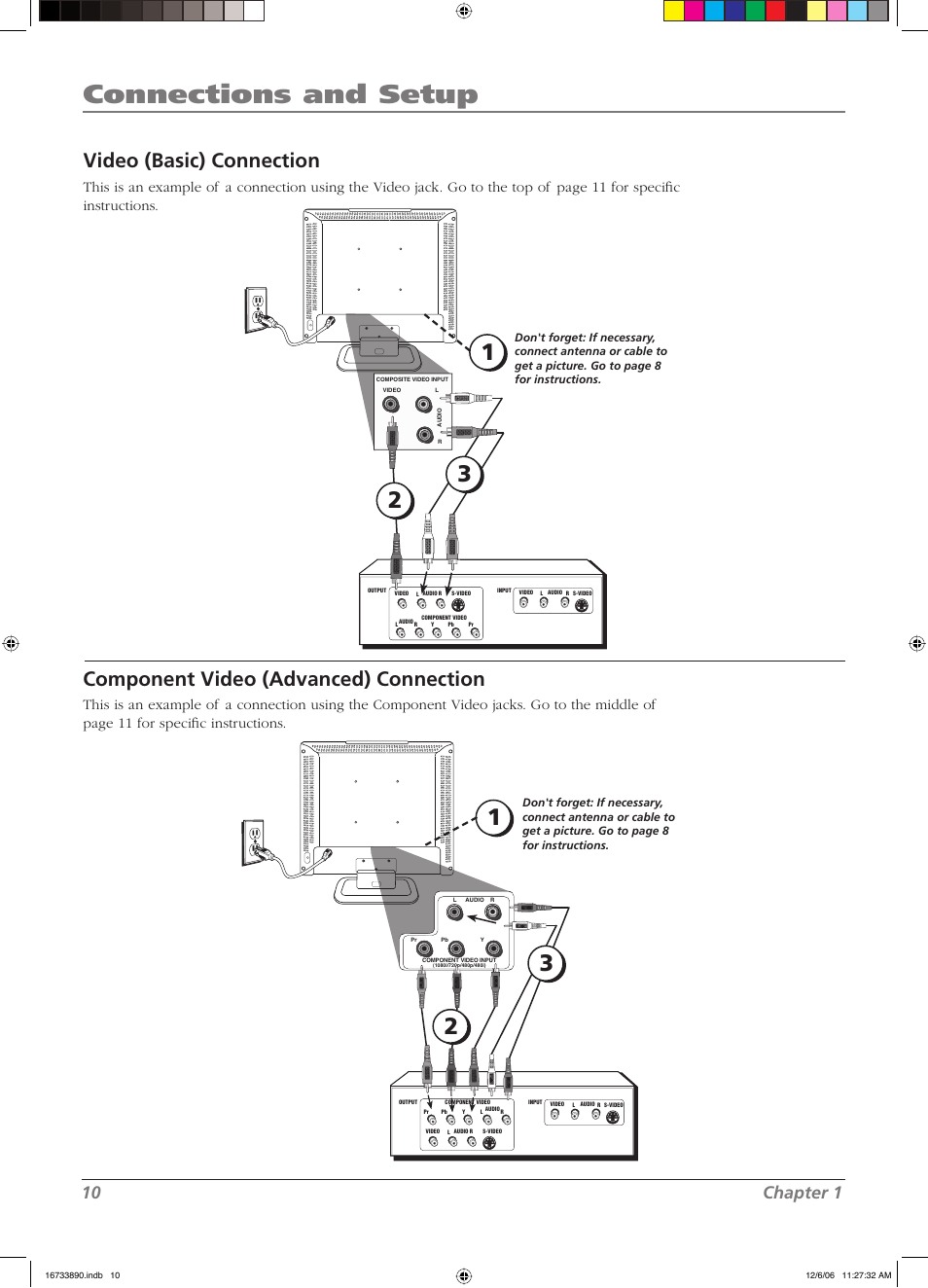 Connections and setup, Video (basic) connection, Component video (advanced) connection | 10 chapter 1 | RCA L15D20 User Manual | Page 10 / 36