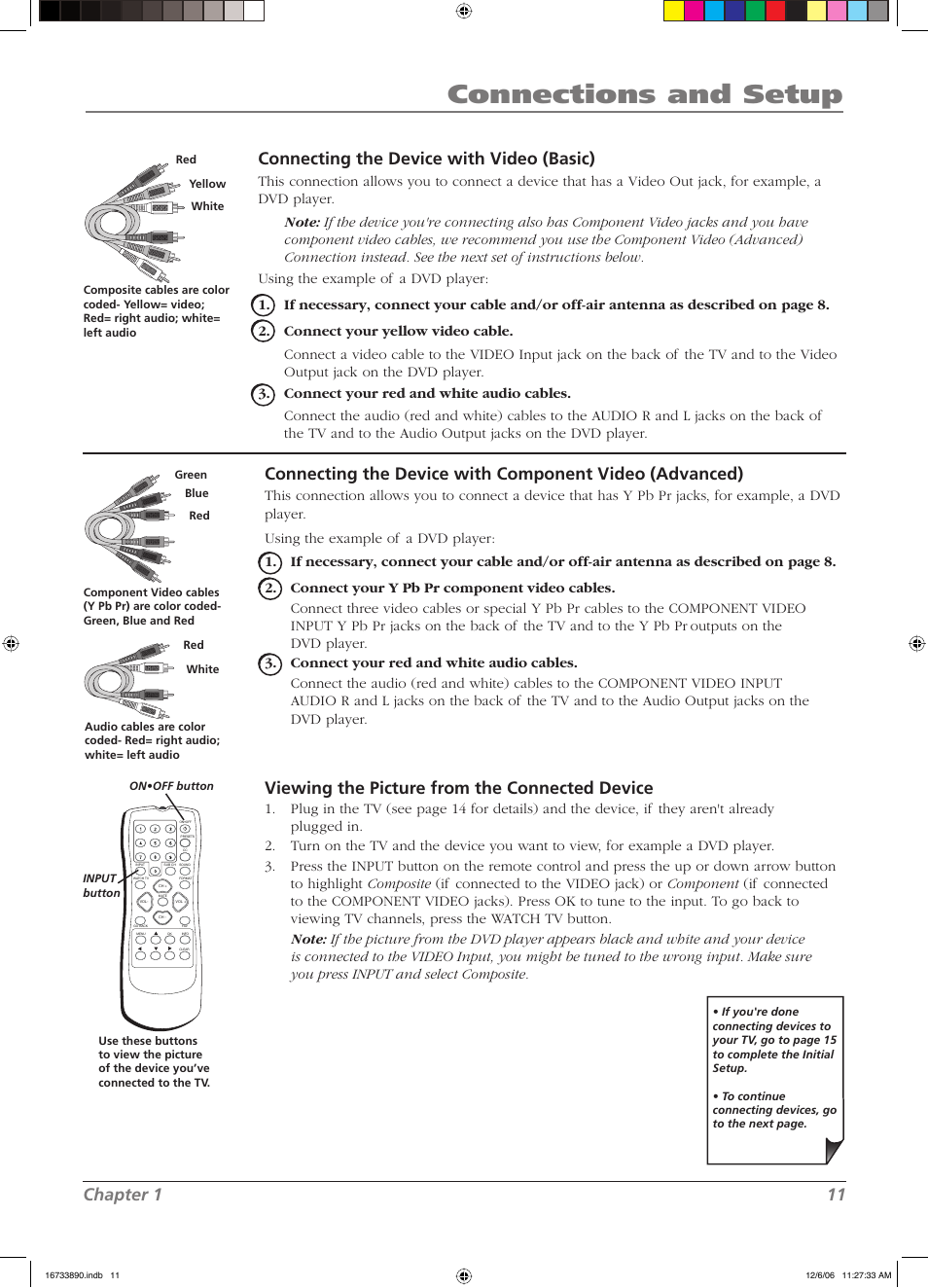 Connections and setup, Chapter 1 11, Connecting the device with video (basic) | Viewing the picture from the connected device | RCA L15D20 User Manual | Page 11 / 36