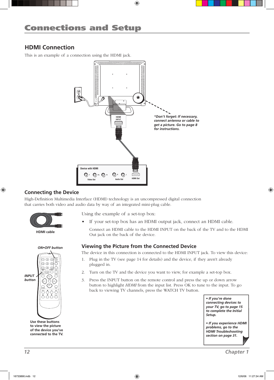 Connections and setup, Hdmi connection, 12 chapter 1 | Connecting the device, Viewing the picture from the connected device | RCA L15D20 User Manual | Page 12 / 36