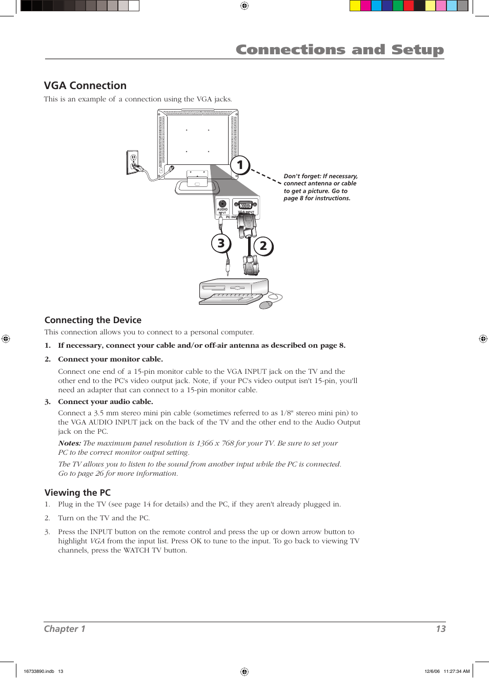 Connections and setup, Vga connection | RCA L15D20 User Manual | Page 13 / 36