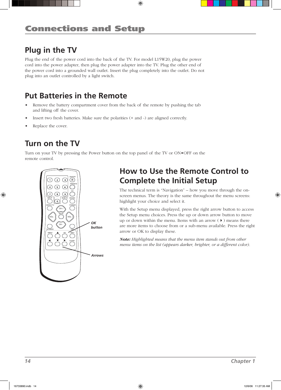 Connections and setup, Plug in the tv, Put batteries in the remote | Turn on the tv, 14 chapter 1 | RCA L15D20 User Manual | Page 14 / 36