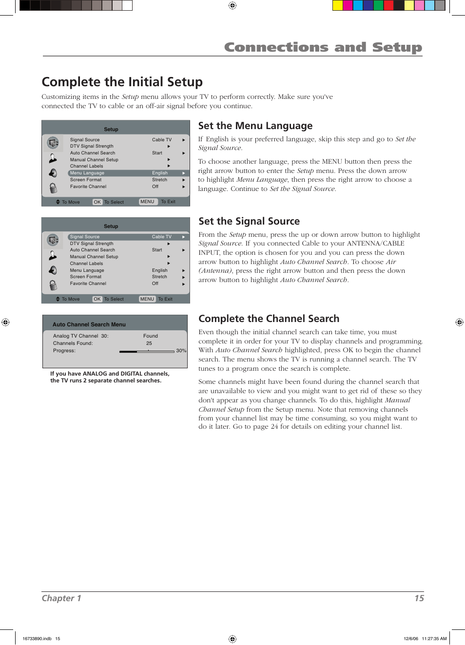 Connections and setup, Complete the initial setup, Set the menu language | Set the signal source, Complete the channel search, Chapter 1 15 | RCA L15D20 User Manual | Page 15 / 36