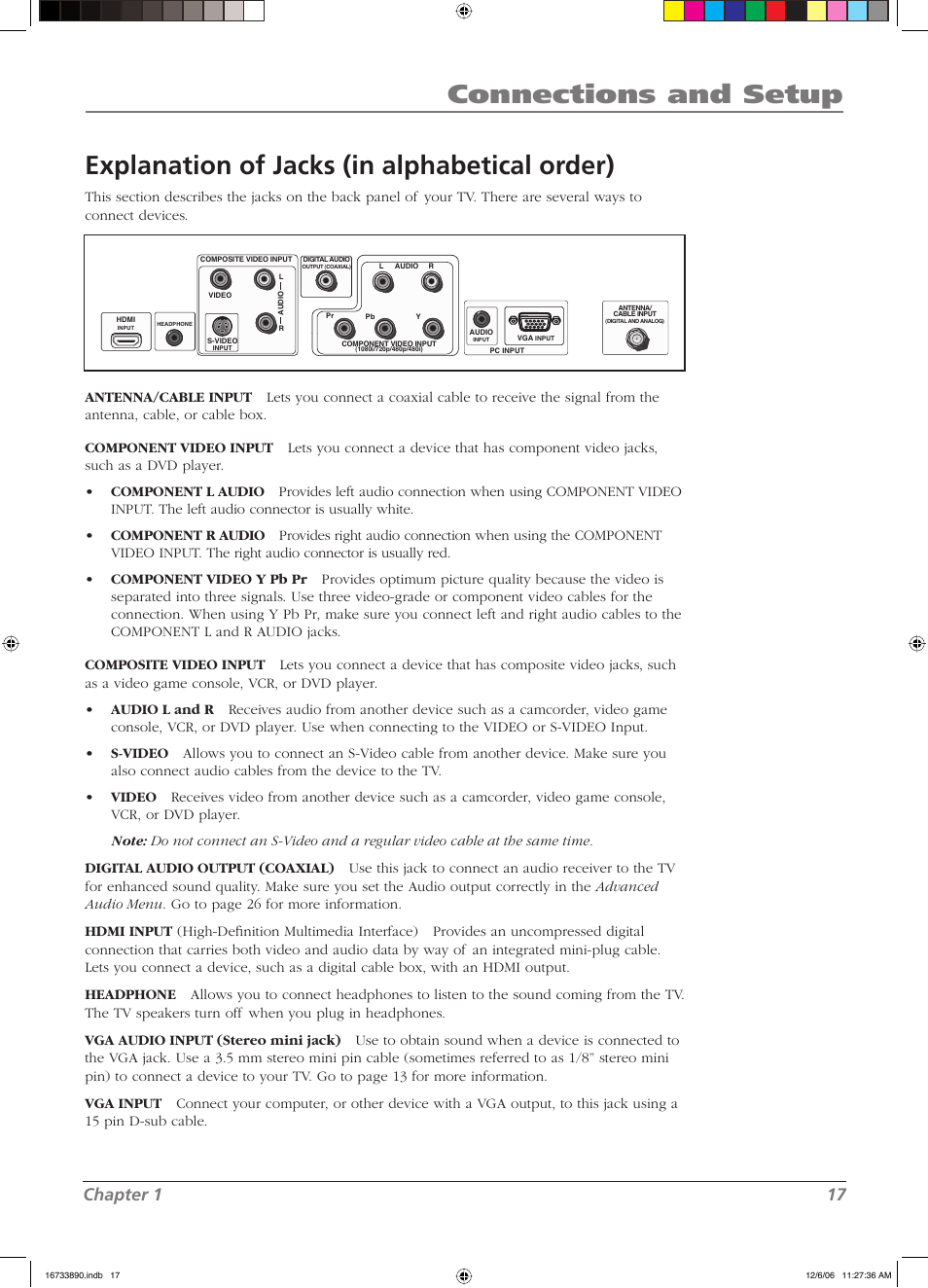 Connections and setup, Explanation of jacks (in alphabetical order), Chapter 1 17 | RCA L15D20 User Manual | Page 17 / 36