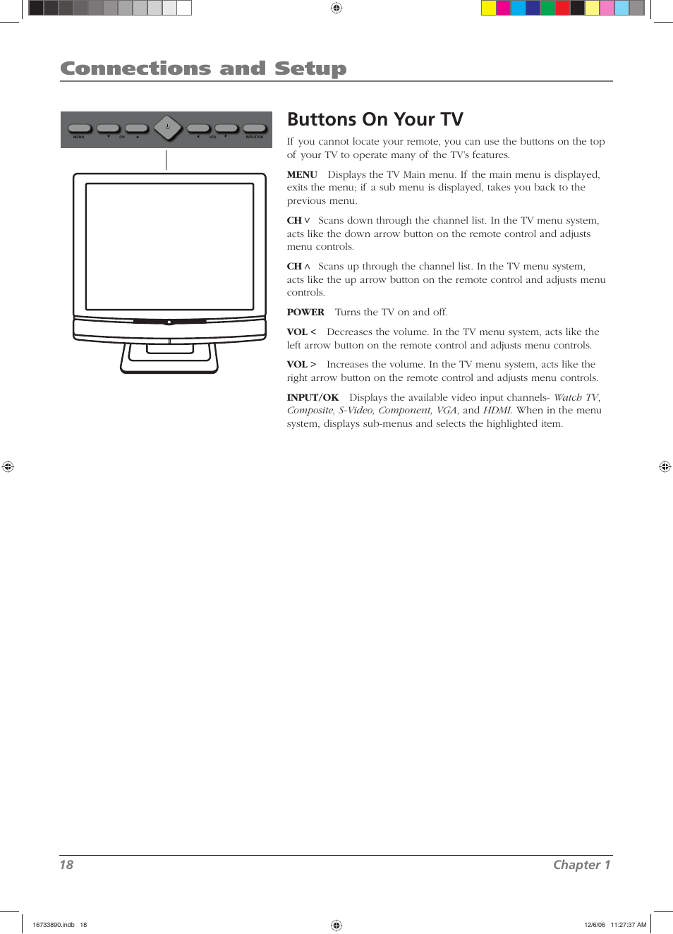 Connections and setup, Buttons on your tv, 18 chapter 1 | RCA L15D20 User Manual | Page 18 / 36