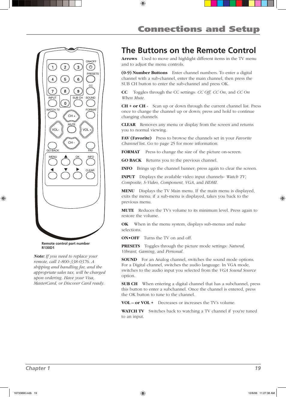 Connections and setup, The buttons on the remote control, Chapter 1 19 | RCA L15D20 User Manual | Page 19 / 36