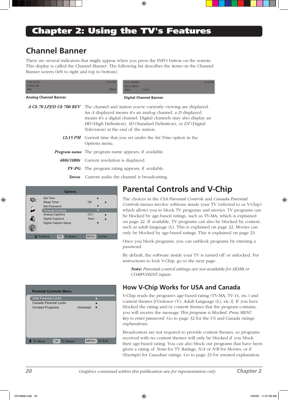 Chapter 2: using the tv's features channel banner, Parental controls and v-chip, How v- chip works for usa and canada | 20 chapter 2 | RCA L15D20 User Manual | Page 20 / 36