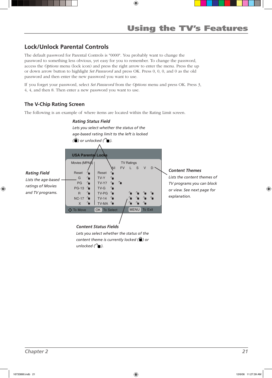 Using the tv’s features, Lock/unlock parental controls, Chapter 2 21 | The v-chip rating screen | RCA L15D20 User Manual | Page 21 / 36