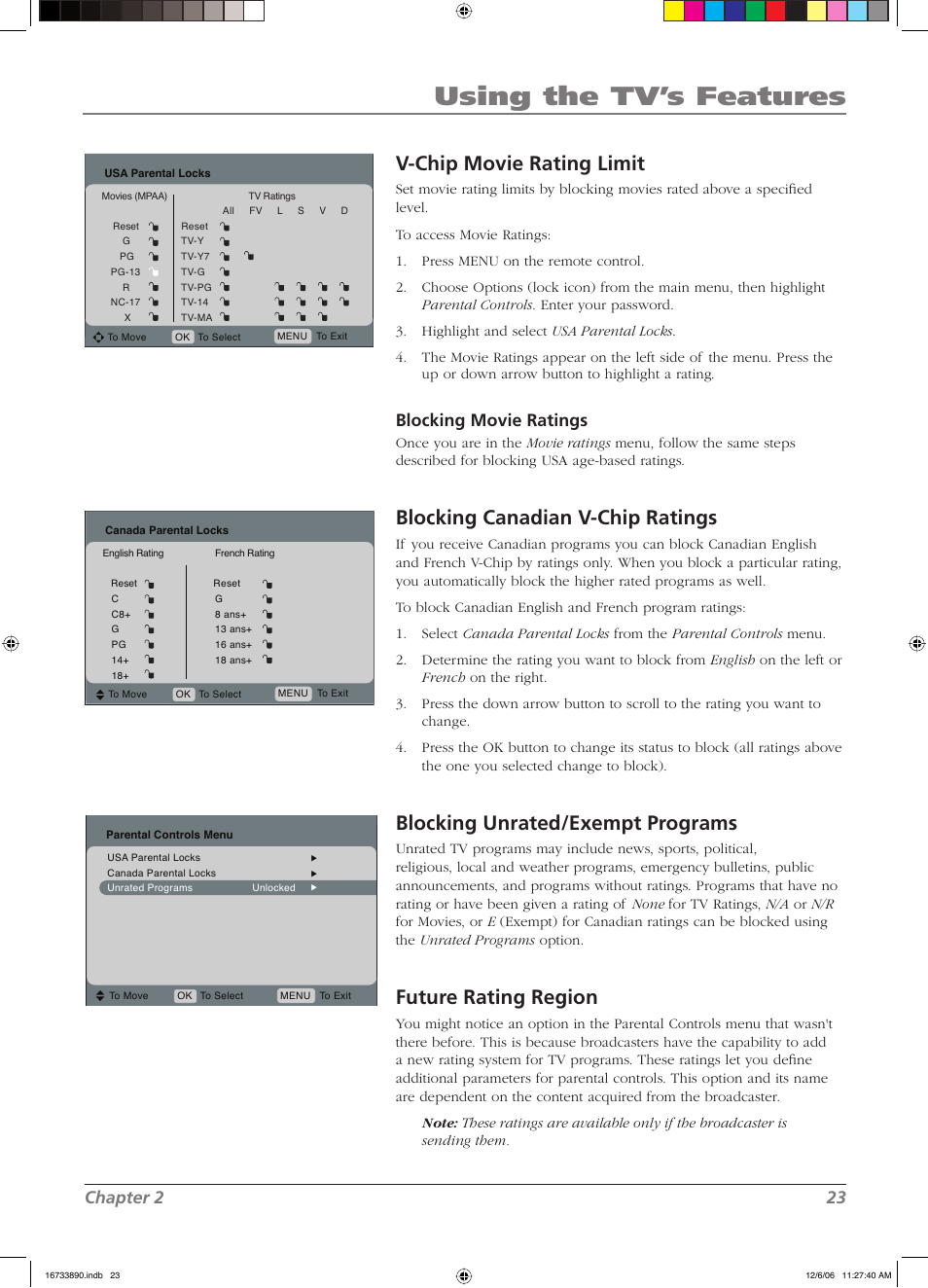 Using the tv’s features, V-chip movie rating limit, Blocking canadian v-chip ratings | Blocking unrated/exempt programs, Future rating region, Chapter 2 23, Blocking movie ratings | RCA L15D20 User Manual | Page 23 / 36