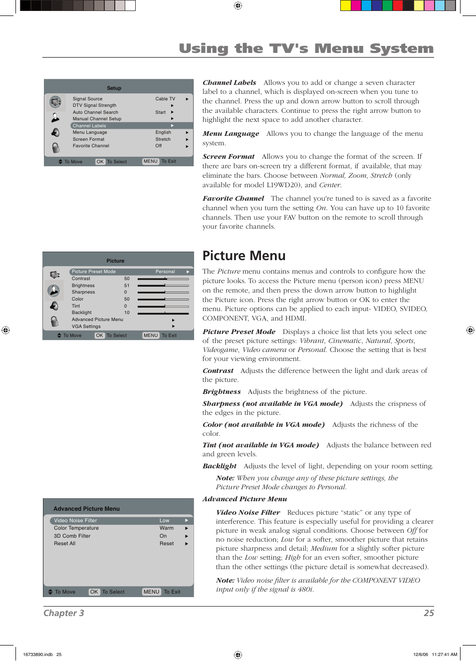 Using the tv's menu system, Picture menu, Chapter 3 25 | RCA L15D20 User Manual | Page 25 / 36