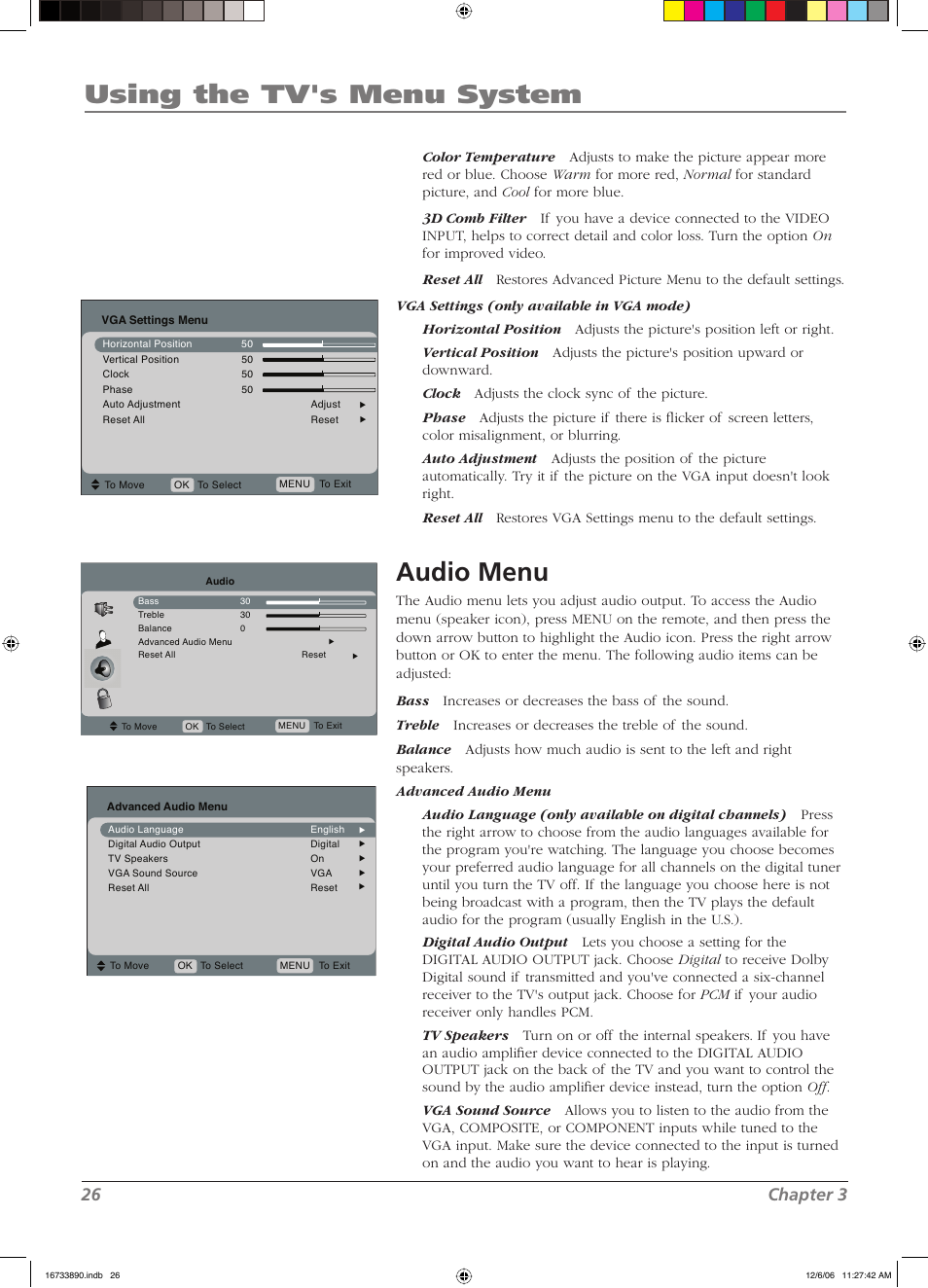 Using the tv's menu system, Audio menu, 26 chapter 3 | RCA L15D20 User Manual | Page 26 / 36