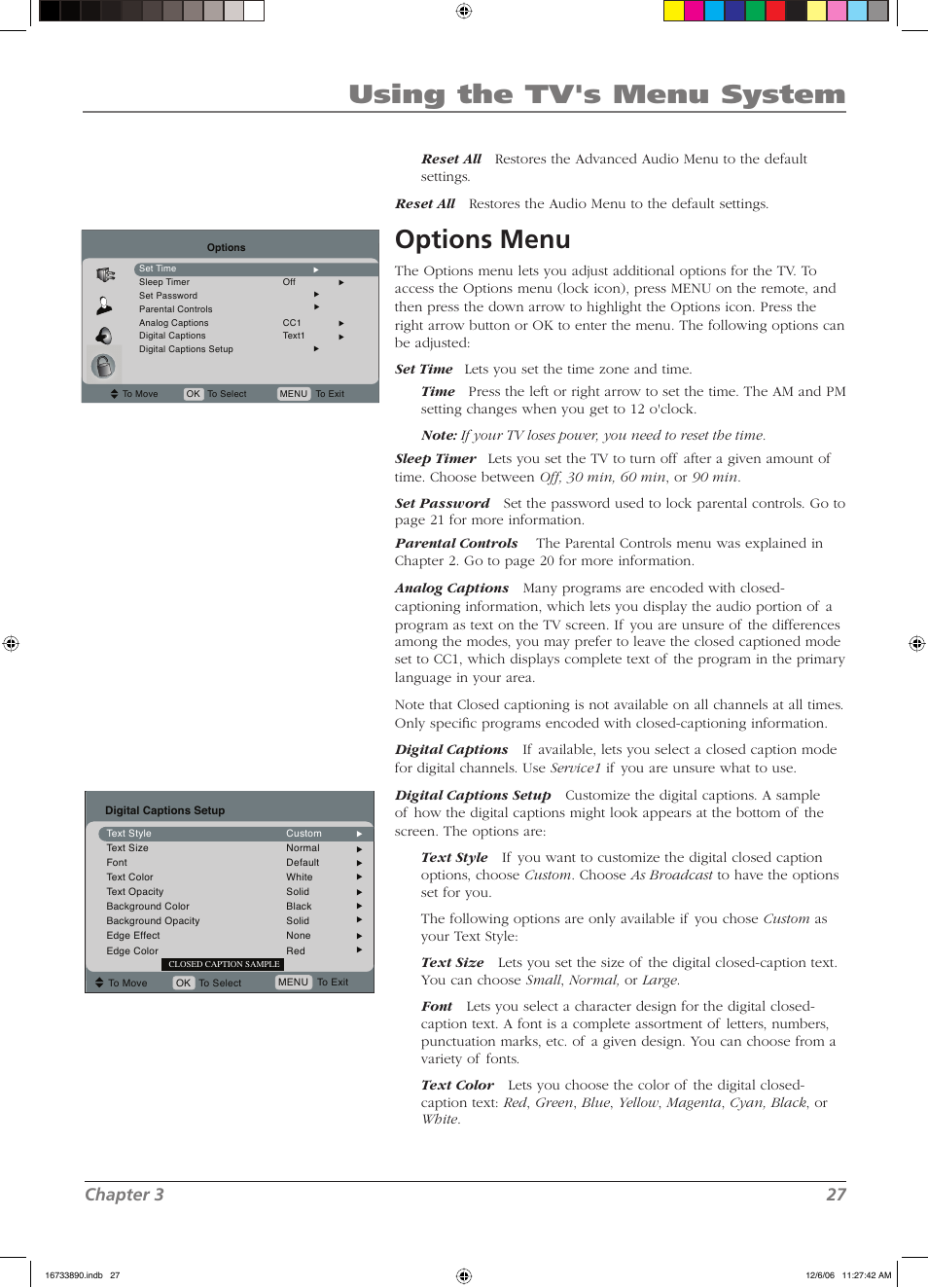 Using the tv's menu system, Options menu, Chapter 3 27 | RCA L15D20 User Manual | Page 27 / 36