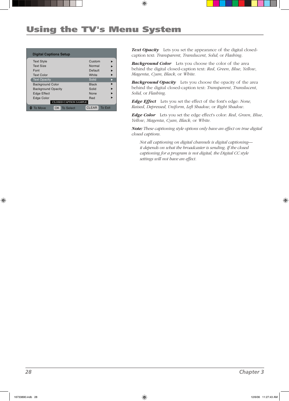 Using the tv's menu system, 28 chapter 3 | RCA L15D20 User Manual | Page 28 / 36