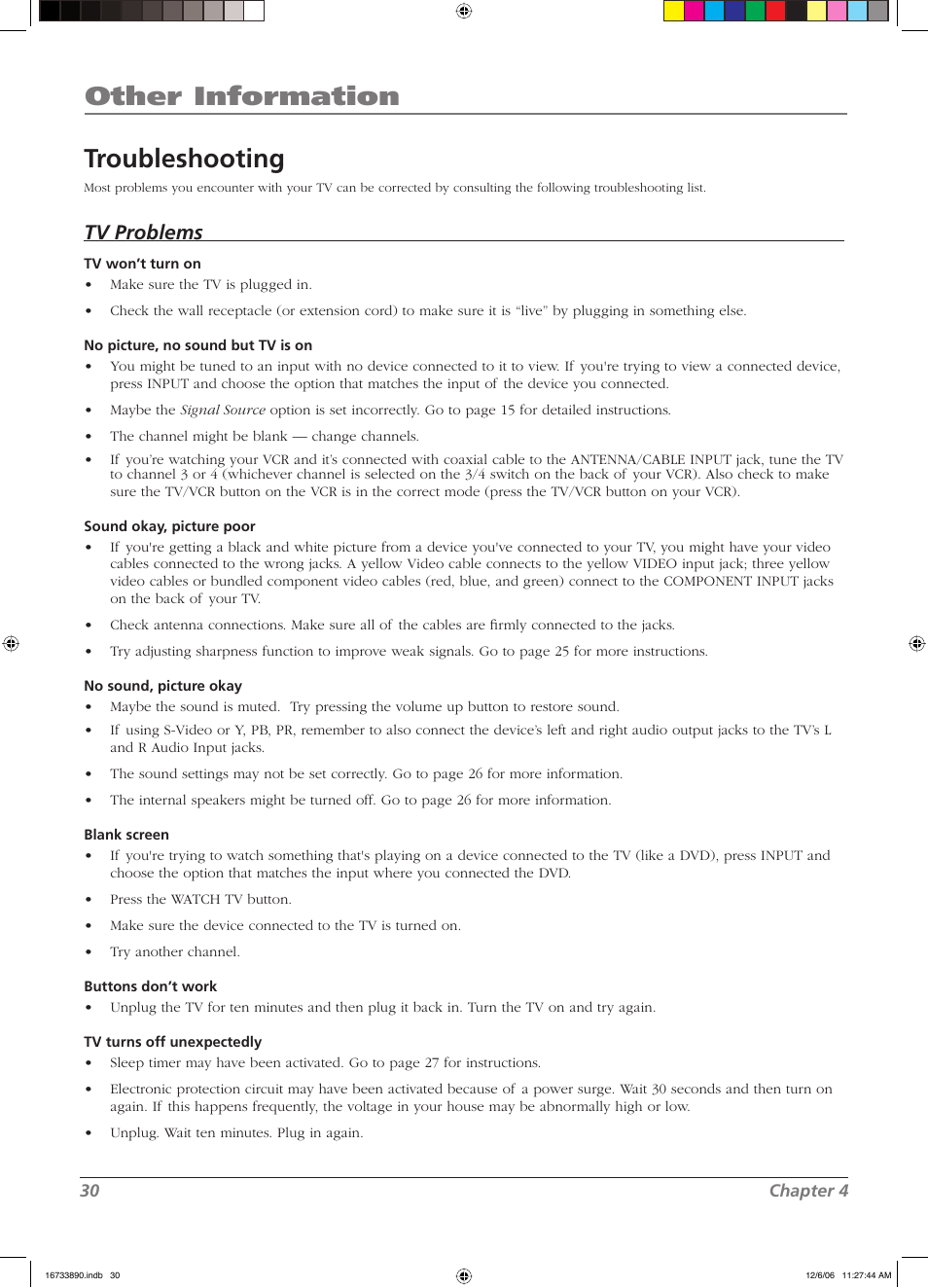 Other information troubleshooting, Tv problems | RCA L15D20 User Manual | Page 30 / 36