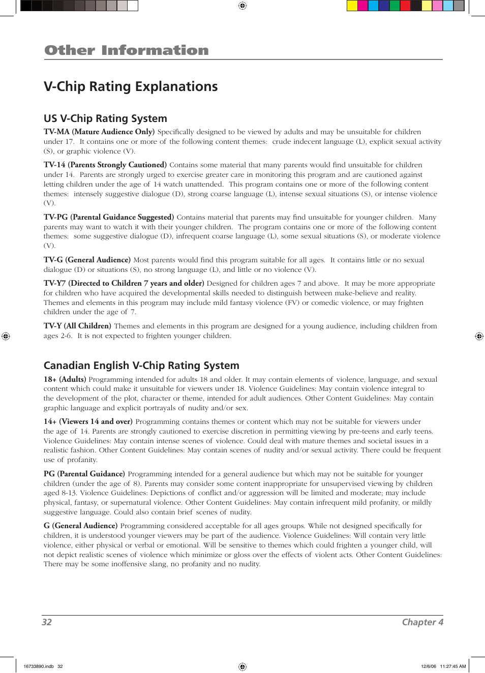Other information v-chip rating explanations, Us v-chip rating system, Canadian english v-chip rating system | RCA L15D20 User Manual | Page 32 / 36