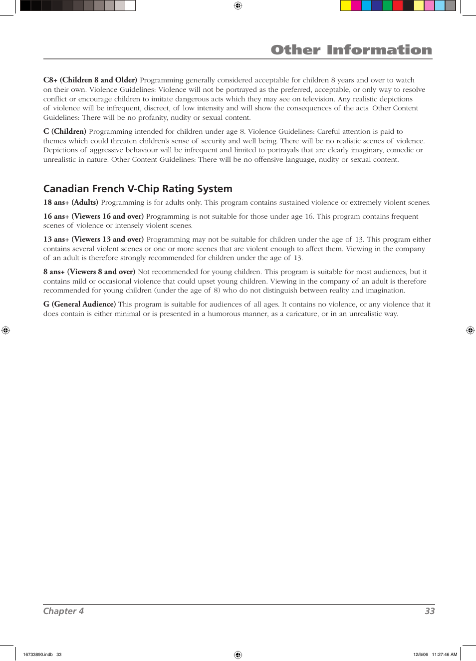 Other information, Canadian french v-chip rating system | RCA L15D20 User Manual | Page 33 / 36
