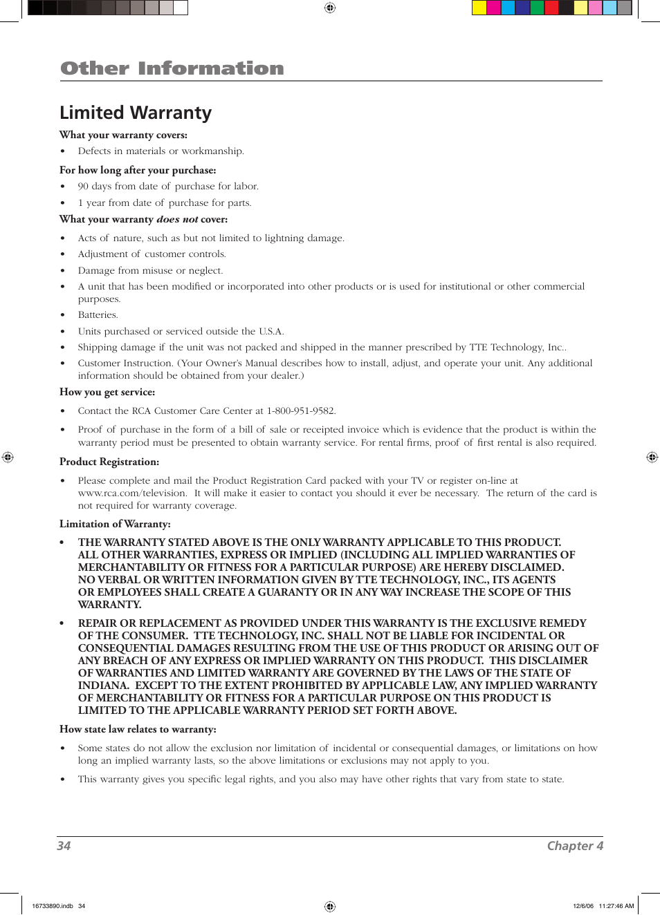 Other information limited warranty | RCA L15D20 User Manual | Page 34 / 36