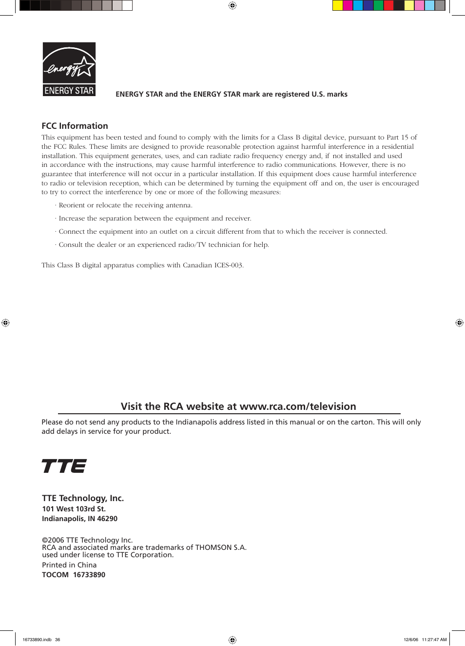 Tte technology, inc, Fcc information | RCA L15D20 User Manual | Page 36 / 36