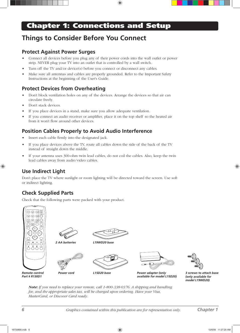 Protect against power surges, Protect devices from overheating, Use indirect light | Check supplied parts, 6chapter 1 | RCA L15D20 User Manual | Page 6 / 36