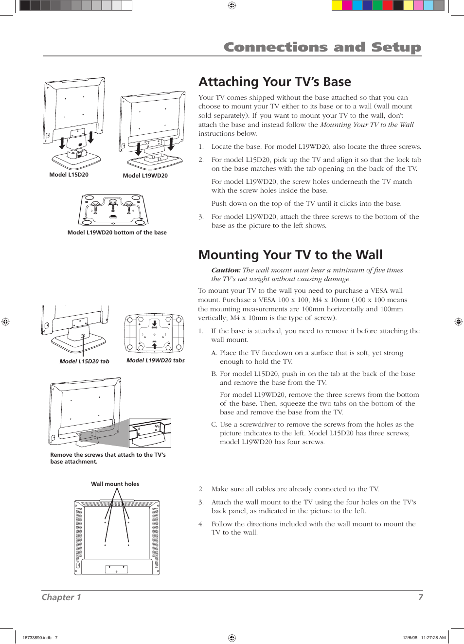 Connections and setup, Mounting your tv to the wall, Attaching your tv’s base | RCA L15D20 User Manual | Page 7 / 36