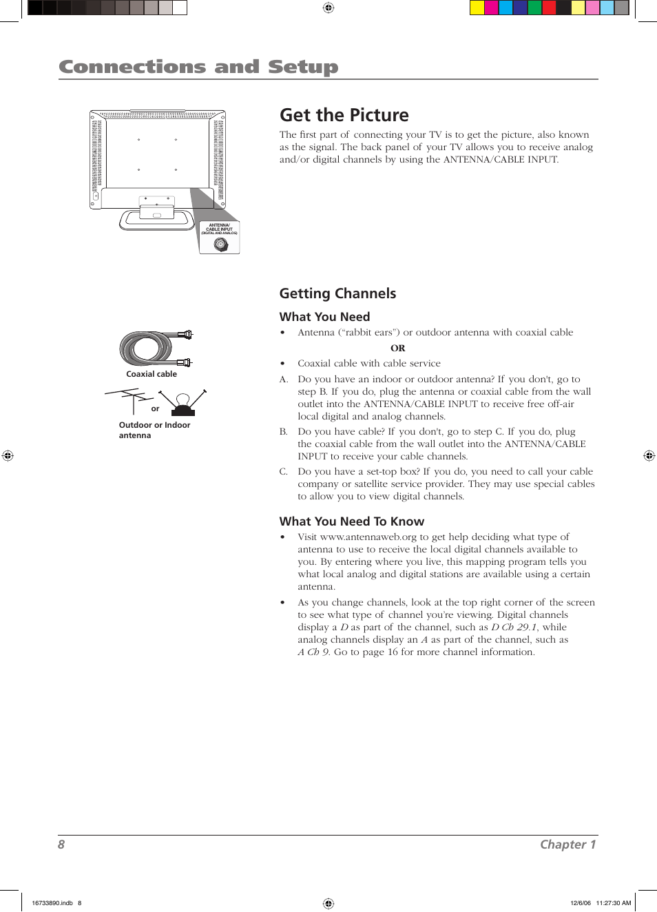 Connections and setup, Get the picture, Getting channels | RCA L15D20 User Manual | Page 8 / 36